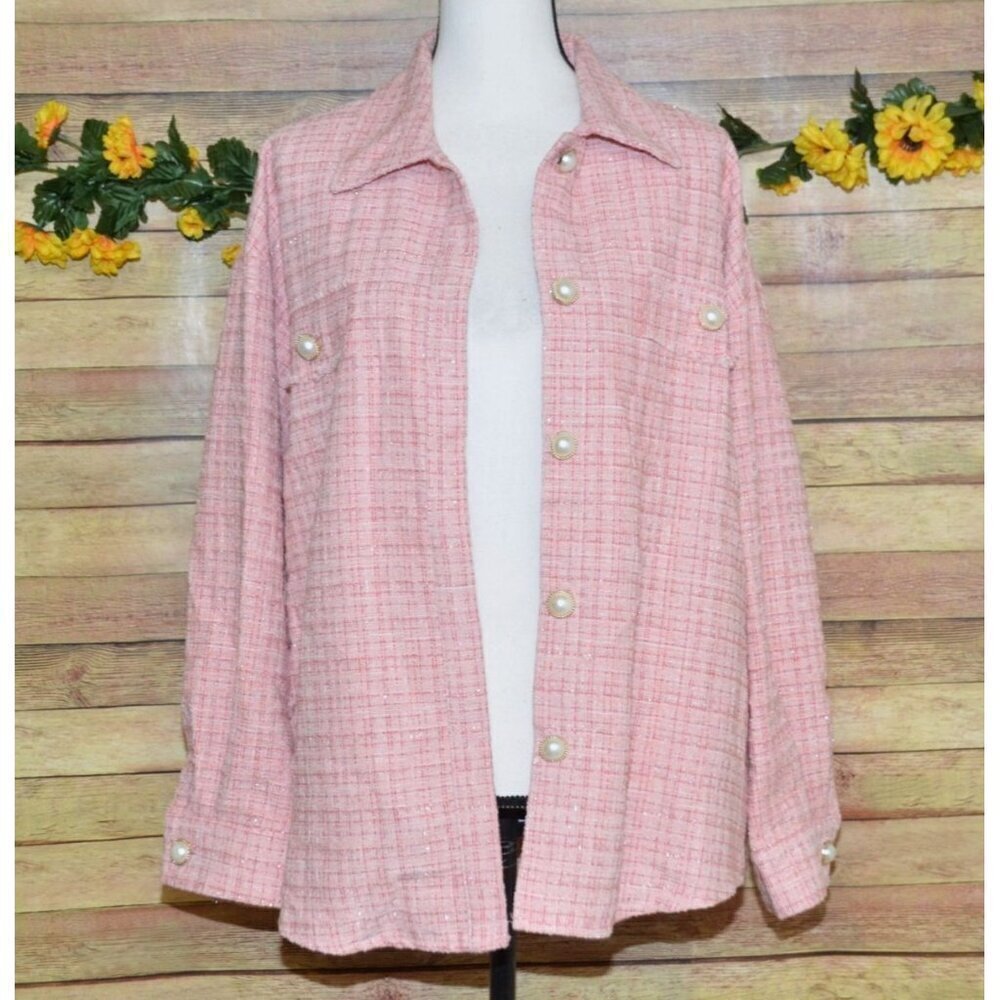 Andree By Unit Ladies Metallic Pink Tweed Shacket Button Front Jacket M Pockets